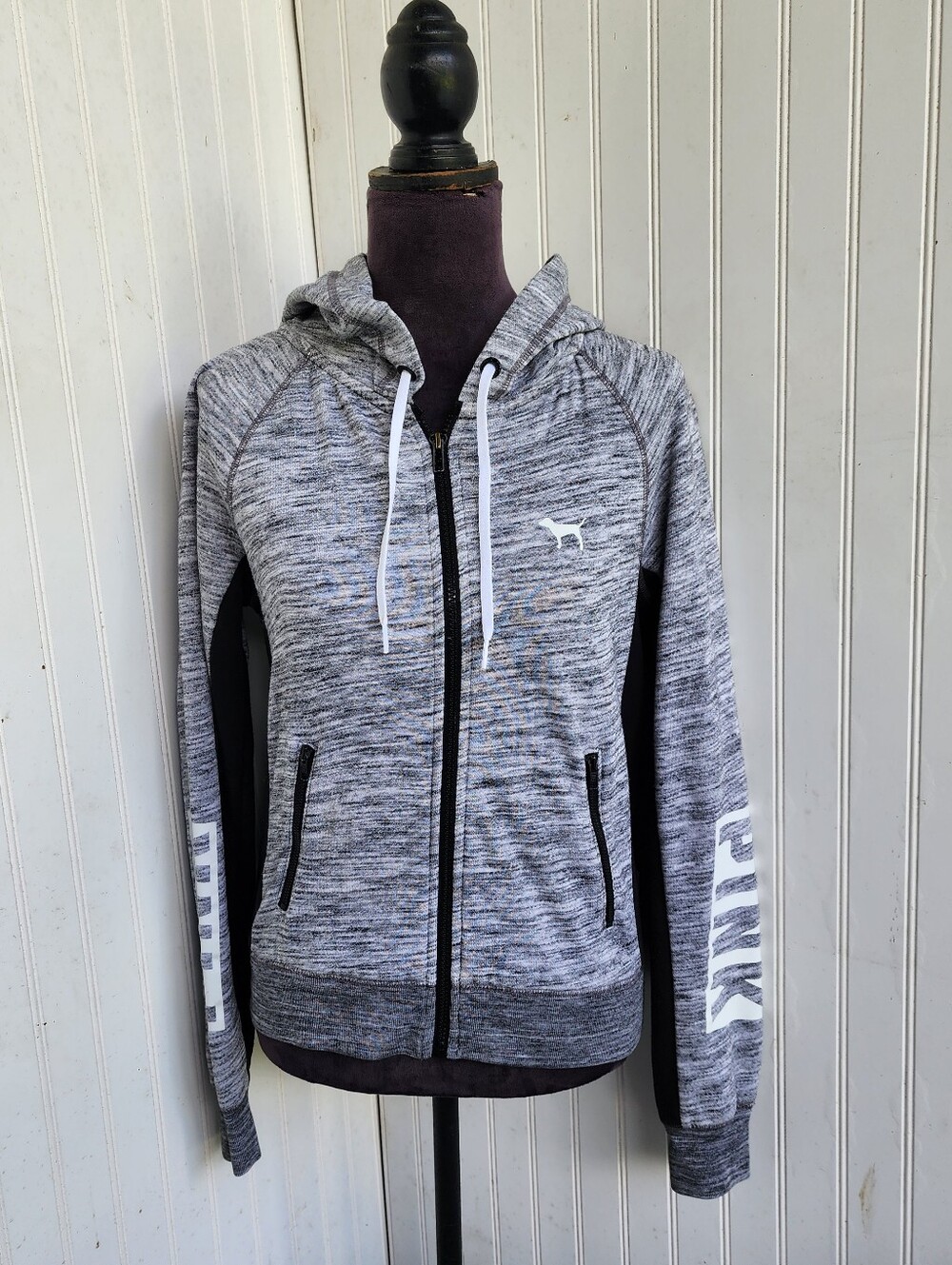 Victoria’s Secret Pink Full Zip Gray Black Hoodie Cotton Blend Sz S